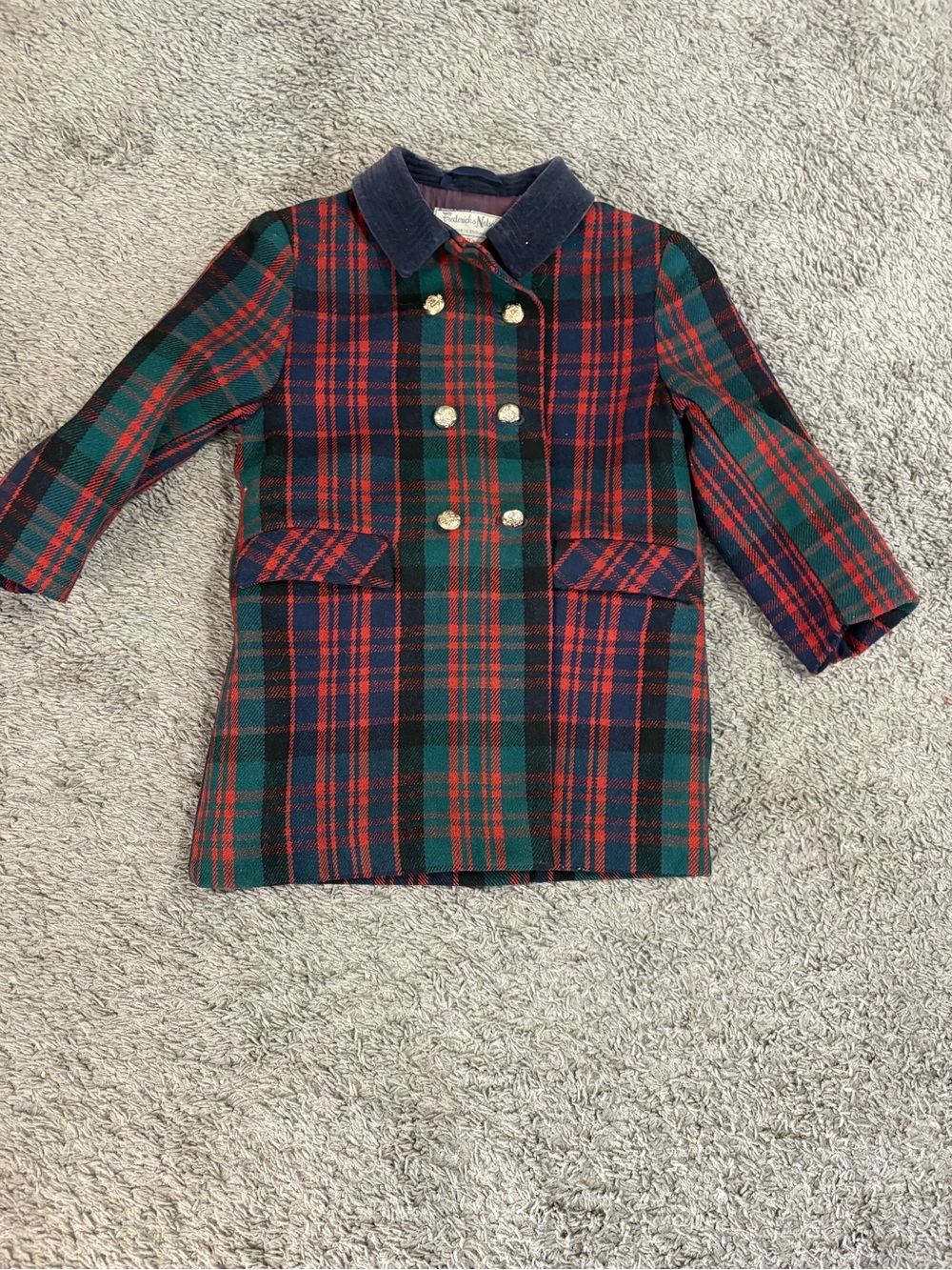 Plaid Double-Breasted Kids Coat with Corduroy Collar - Red & Green